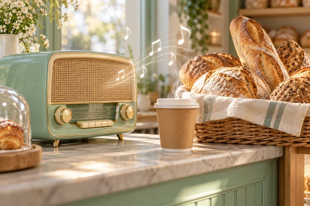 A vintage mint-green tabletop radio on a bakery counter with musical notes drifting from its speaker toward a basket of fresh bread and a coffee cup