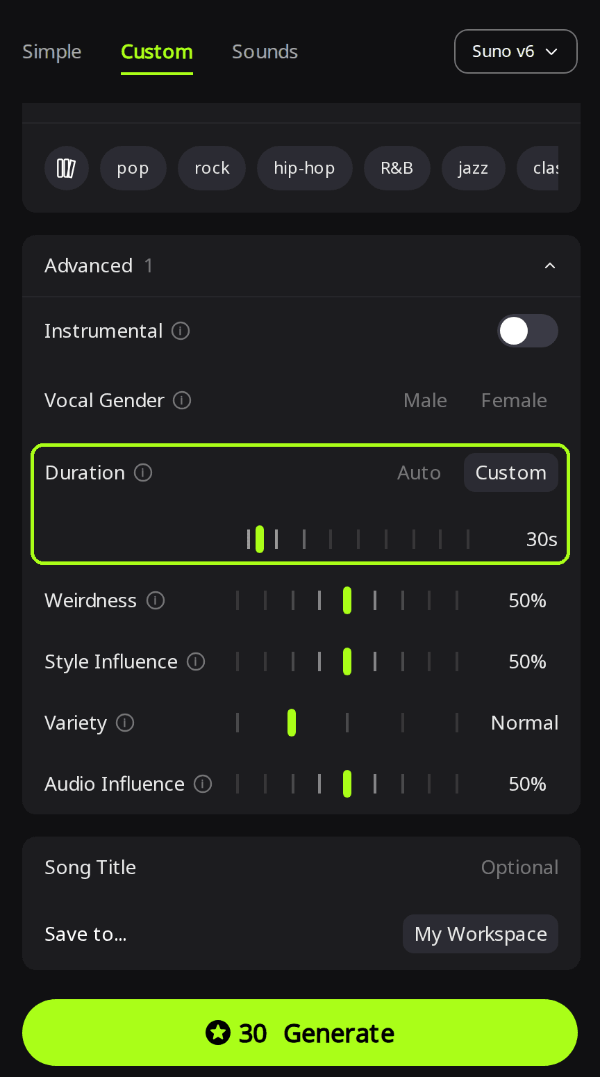 Advanced panel open on the Create page with the Duration setting outlined in green, switched to Custom and set to 30s, and a Generate button showing 30 credits