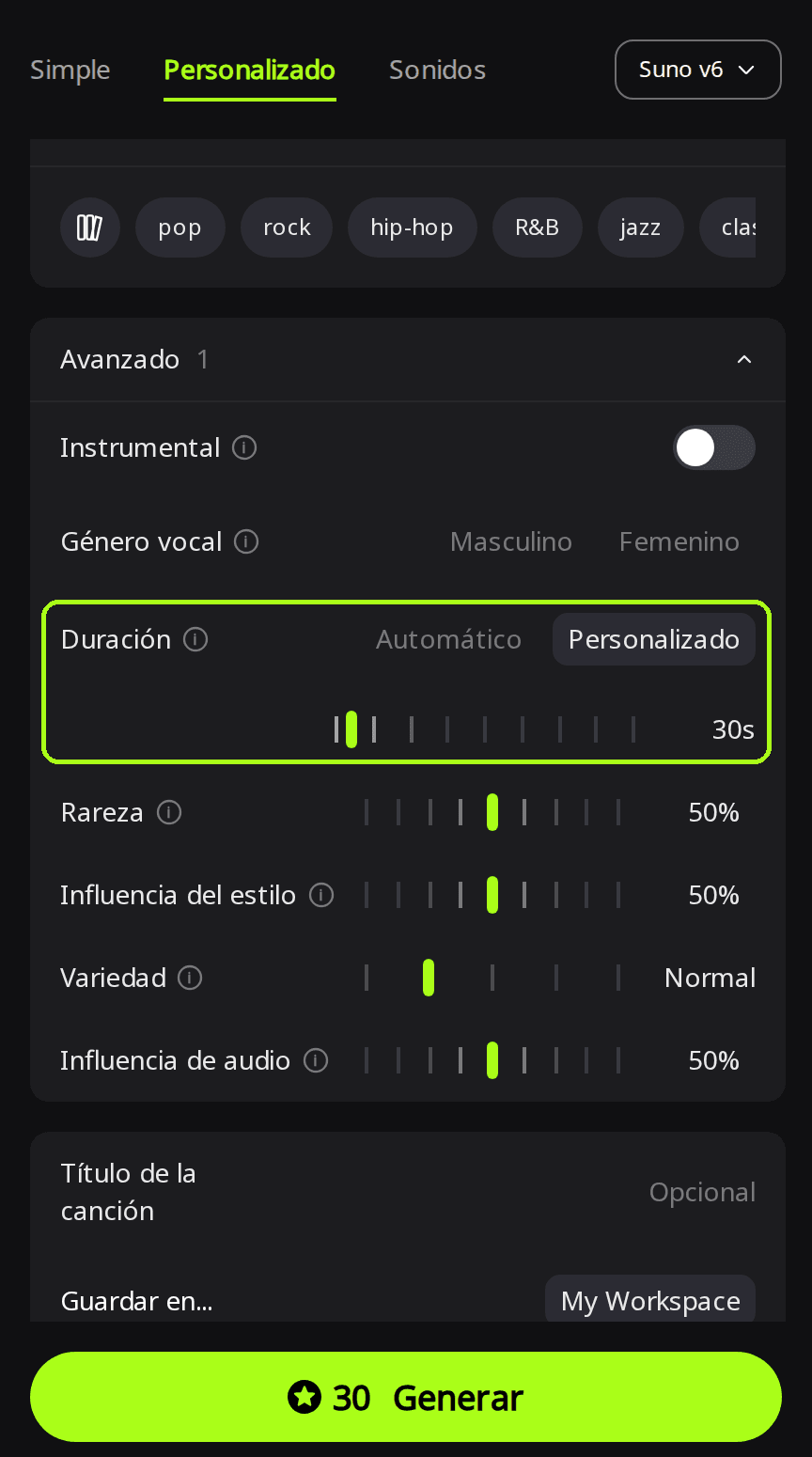 Panel Avanzado abierto en la página Crear con el ajuste Duración marcado en verde, cambiado a Personalizado y fijado en 30 s, y el botón Generar mostrando 30 créditos