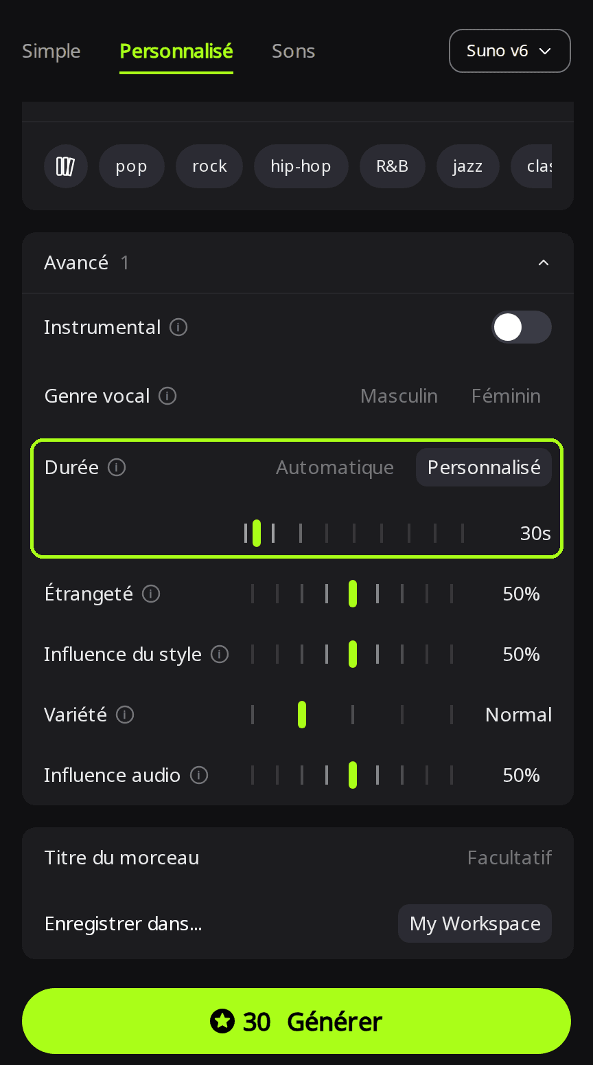 Panneau Avancé ouvert sur la page Créer, avec le réglage Durée encadré en vert, passé sur Personnalisé et réglé sur 30s, et un bouton Générer affichant 30 crédits