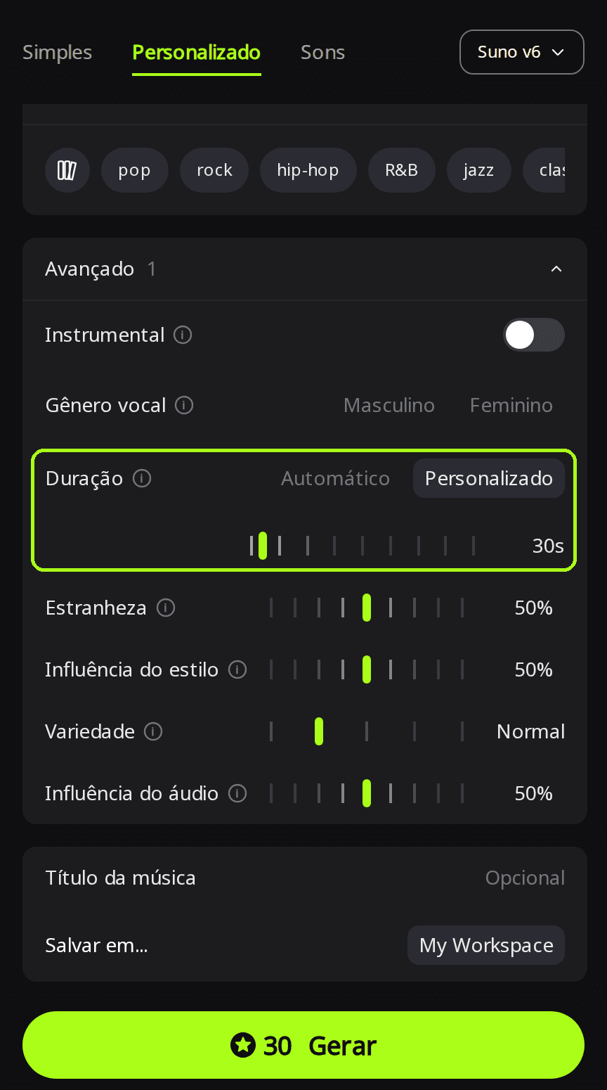 Painel Avançado aberto na página Criar com a opção Duração destacada em verde, em Personalizado e ajustada para 30 s, e o botão Gerar mostrando 30 créditos