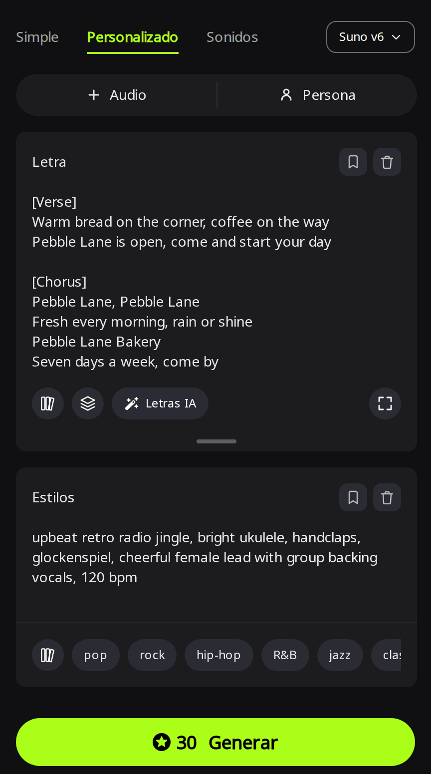 Página Crear de RaoMusic en modo Personalizado con Suno v6 seleccionado, la letra del jingle de Pebble Lane Bakery en el cuadro Letra y la descripción de jingle de radio retro en el cuadro Estilos