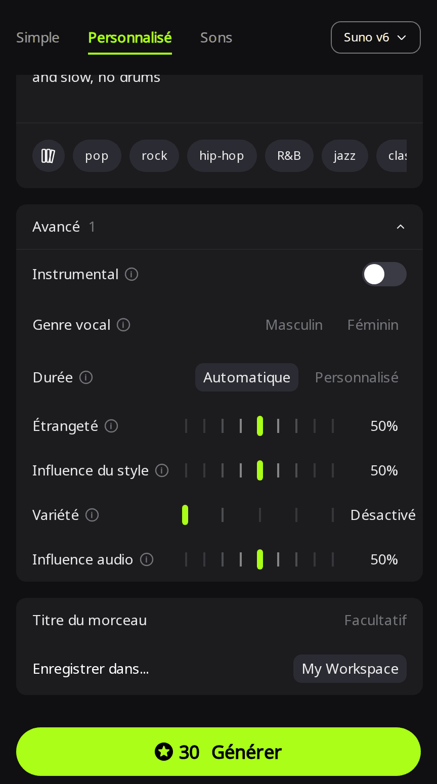 Page Créer de RaoMusic en mode Personnalisé avec Suno v6 sélectionné, le panneau Avancé ouvert, Durée sur Automatique, Variété sur Désactivé et le bouton Générer affichant 30 crédits