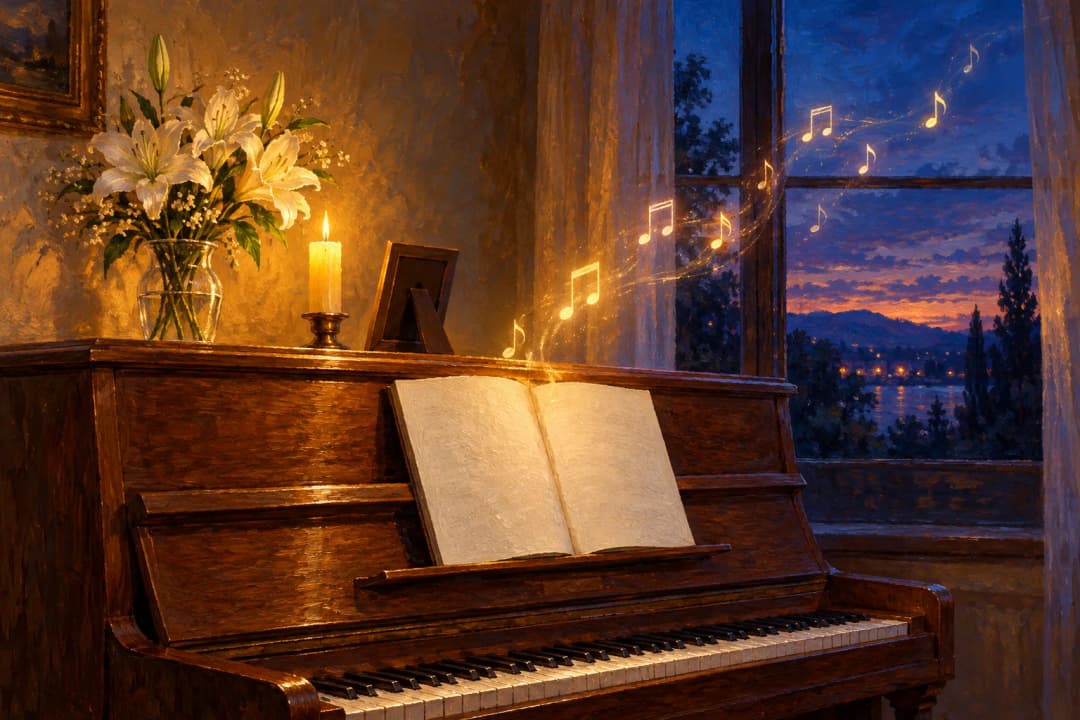 An upright piano at dusk with open sheet music, a lit candle, white lilies and a small framed photo, with glowing music notes drifting toward a window