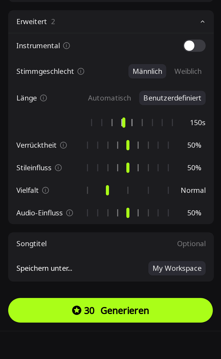 RaoMusic-Bereich Erweitert mit Stimmgeschlecht Männlich, Länge auf Benutzerdefiniert mit 150 Sekunden und einem Button Generieren mit 30 Credits