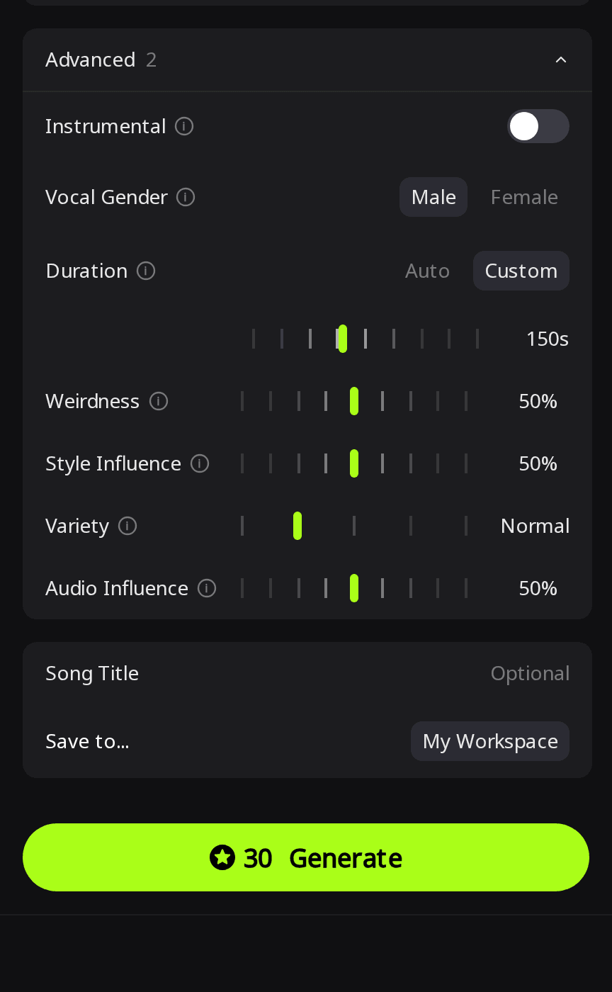 RaoMusic Advanced panel with Vocal Gender set to Male, Duration set to Custom at 150 seconds and a Generate button showing 30 credits