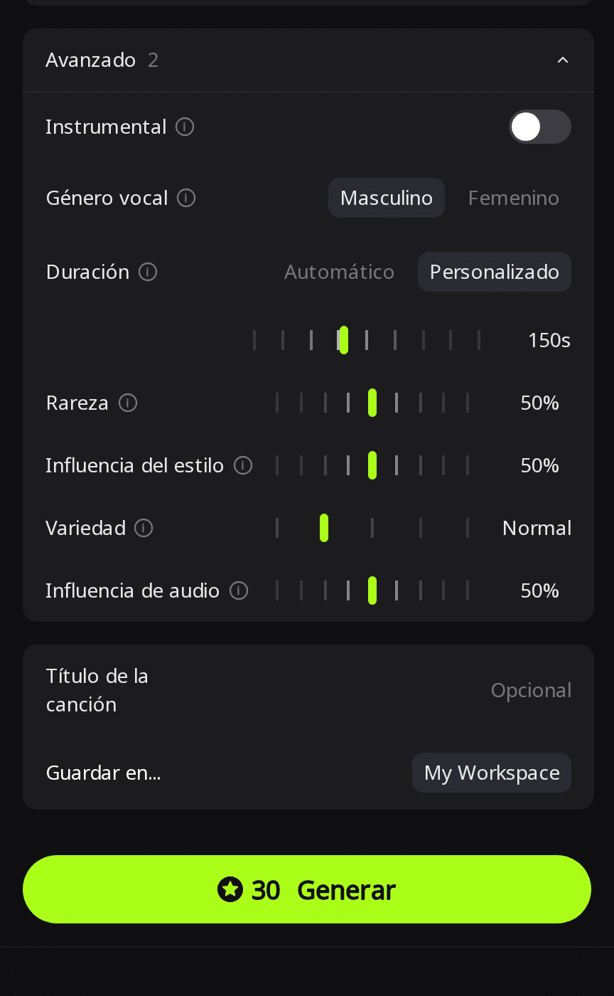 Panel Avanzado de RaoMusic con Género vocal en Masculino, Duración en Personalizado a 150 segundos y el botón Generar con 30 créditos