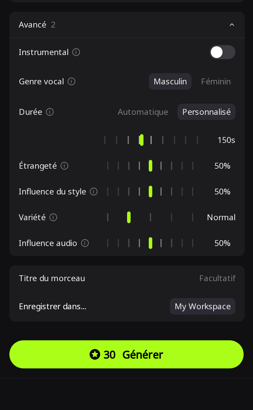 Panneau Avancé de RaoMusic avec Genre vocal sur Masculin, Durée sur Personnalisé à 150 secondes et un bouton Générer indiquant 30 crédits