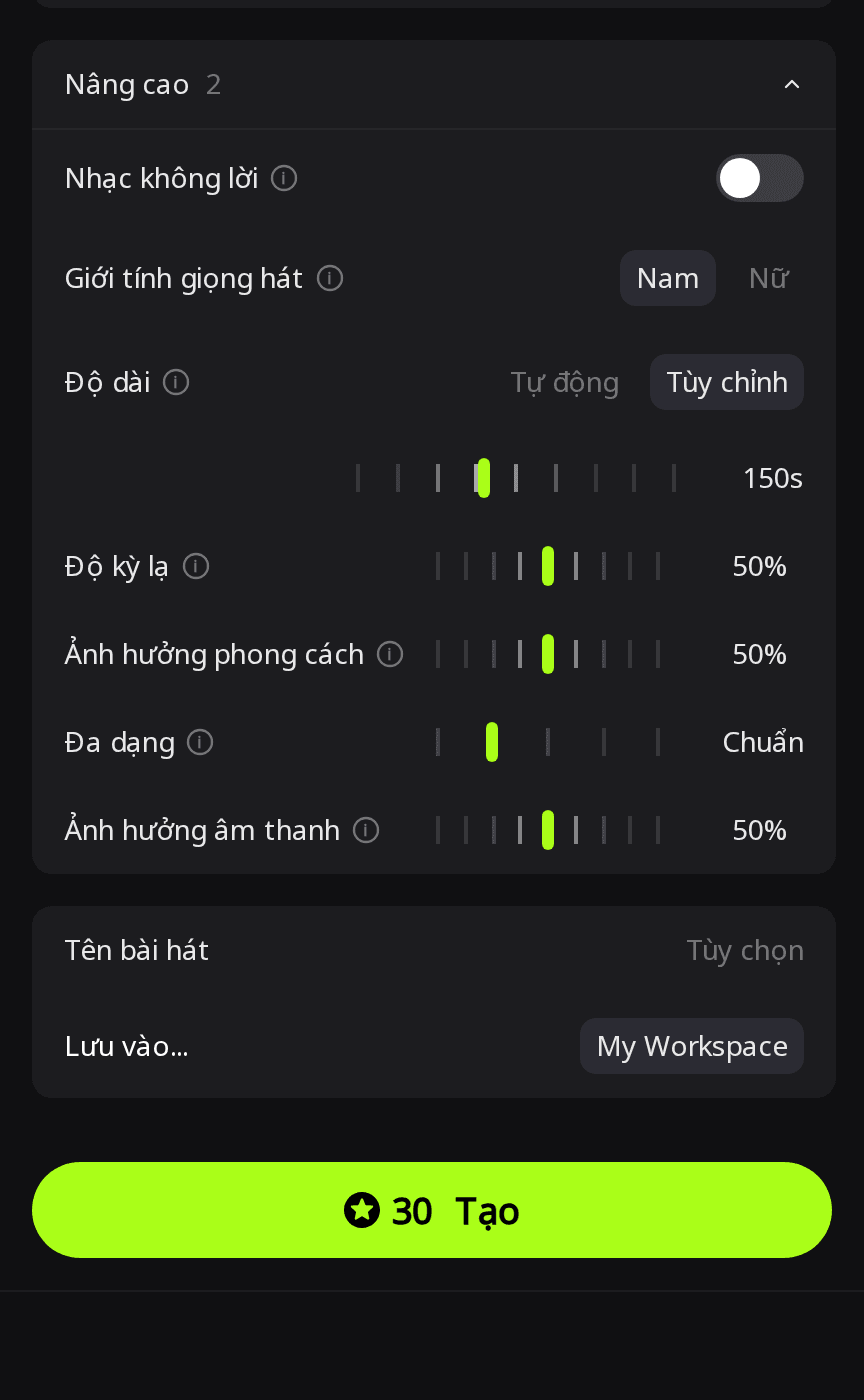 Bảng Nâng cao của RaoMusic với Giới tính giọng hát là Nam, Độ dài đặt Tùy chỉnh 150 giây và nút Tạo hiển thị 30 điểm