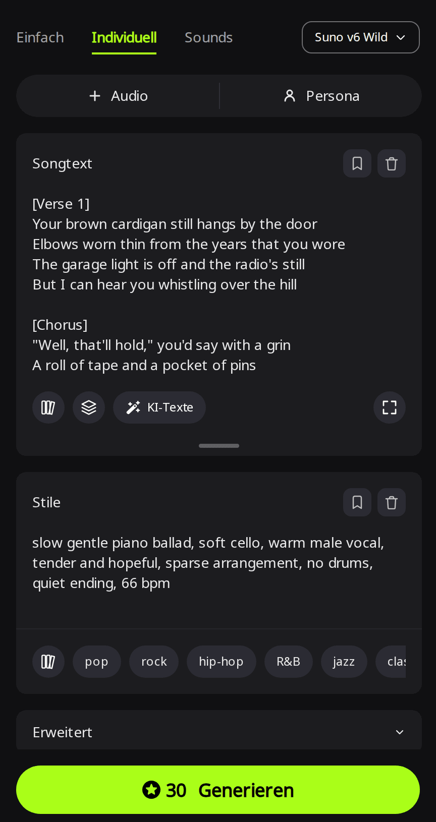 RaoMusic-Seite Erstellen im Modus Individuell mit Suno v6 Wild, der ersten Strophe und dem Refrain eines Gedenklieds im Feld Songtext und einer Stilzeile für eine langsame Klavierballade im Feld Stile
