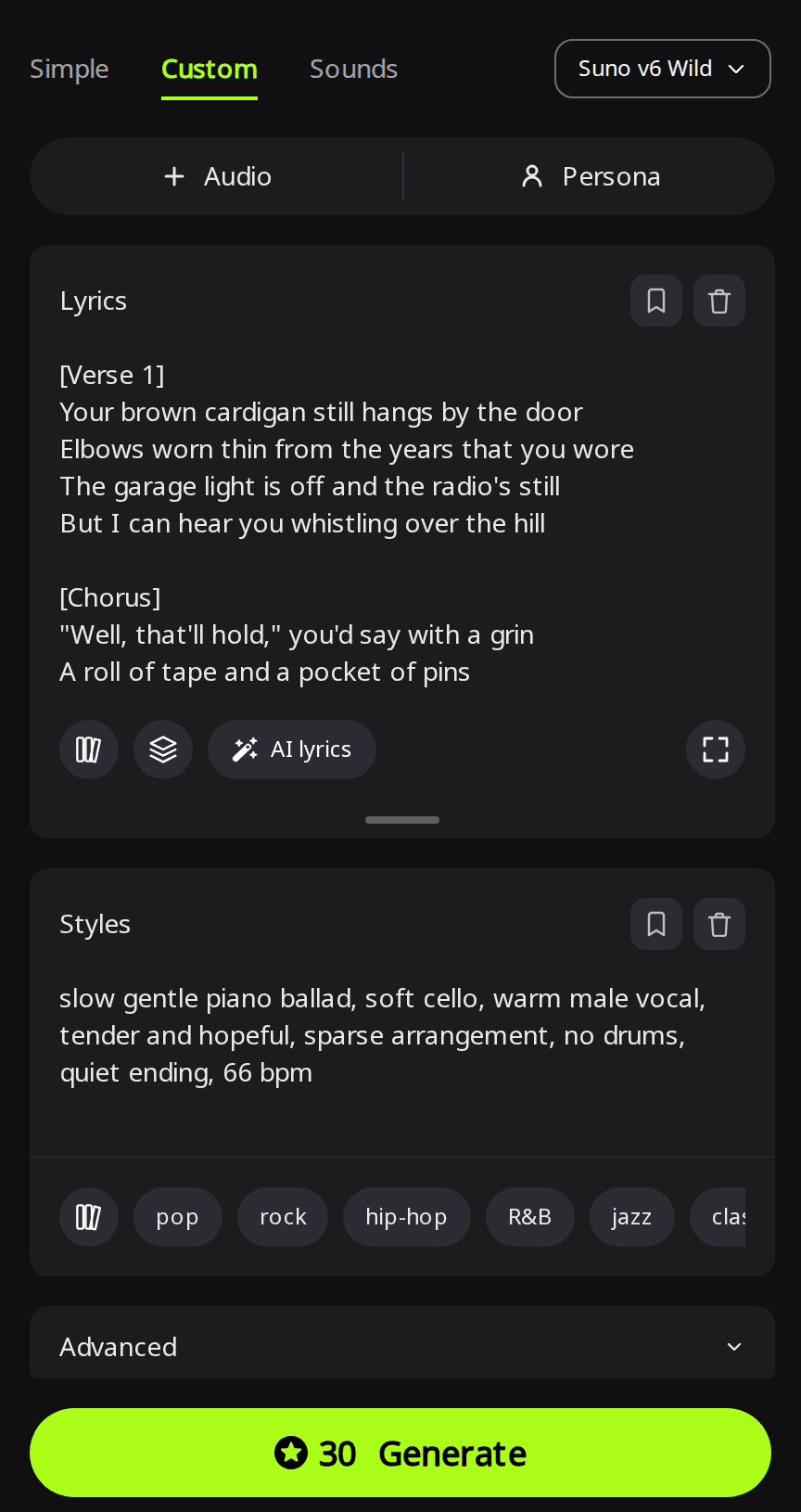 RaoMusic Create page in Custom mode with Suno v6 Wild selected, the first verse and chorus of a memorial song in the Lyrics box and a slow piano ballad style line in the Styles box