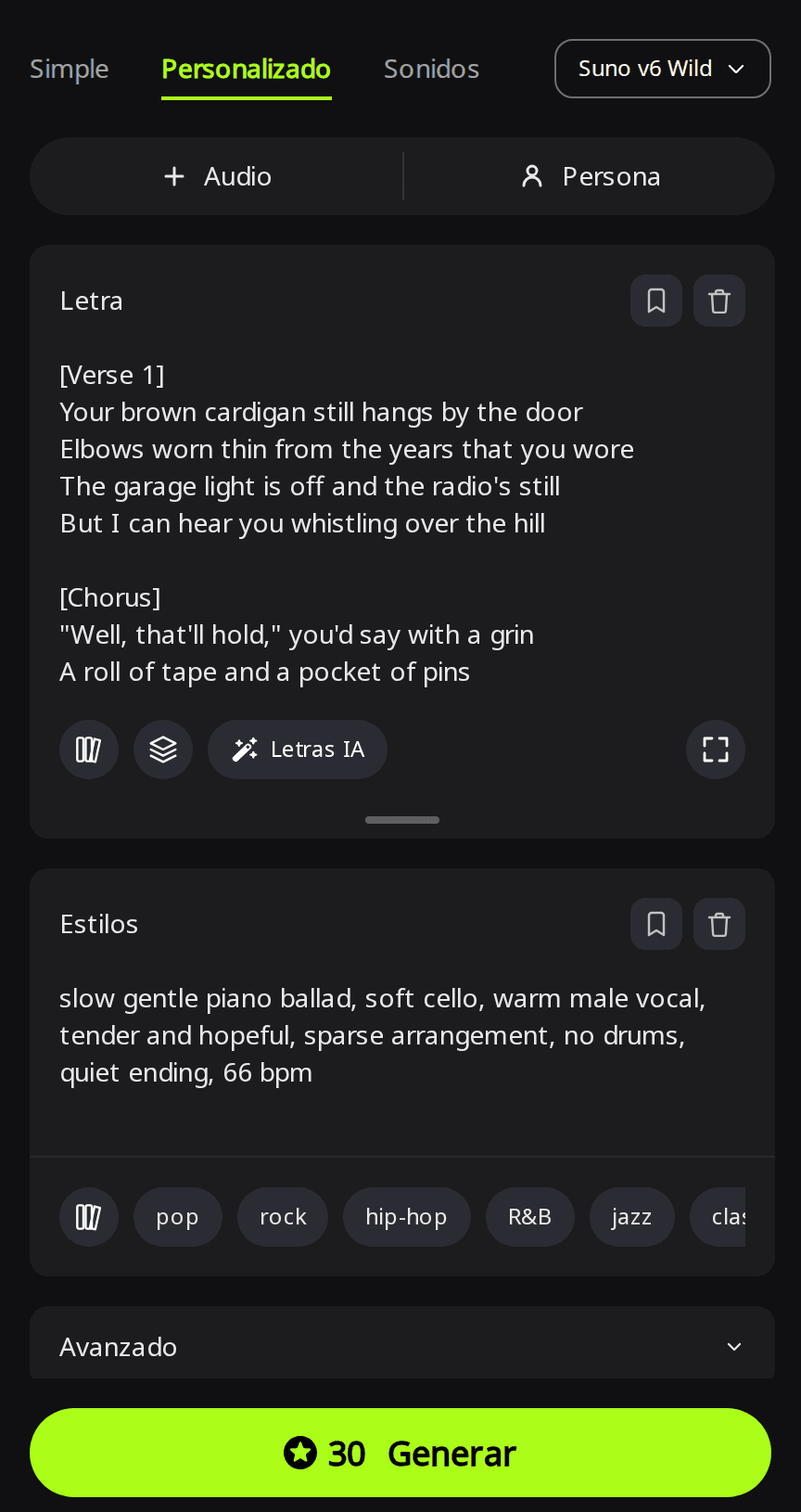 Página Crear de RaoMusic en modo Personalizado con Suno v6 Wild elegido, la primera estrofa y el estribillo de una canción en memoria en el cuadro Letra y una línea de estilo de balada lenta de piano en Estilos
