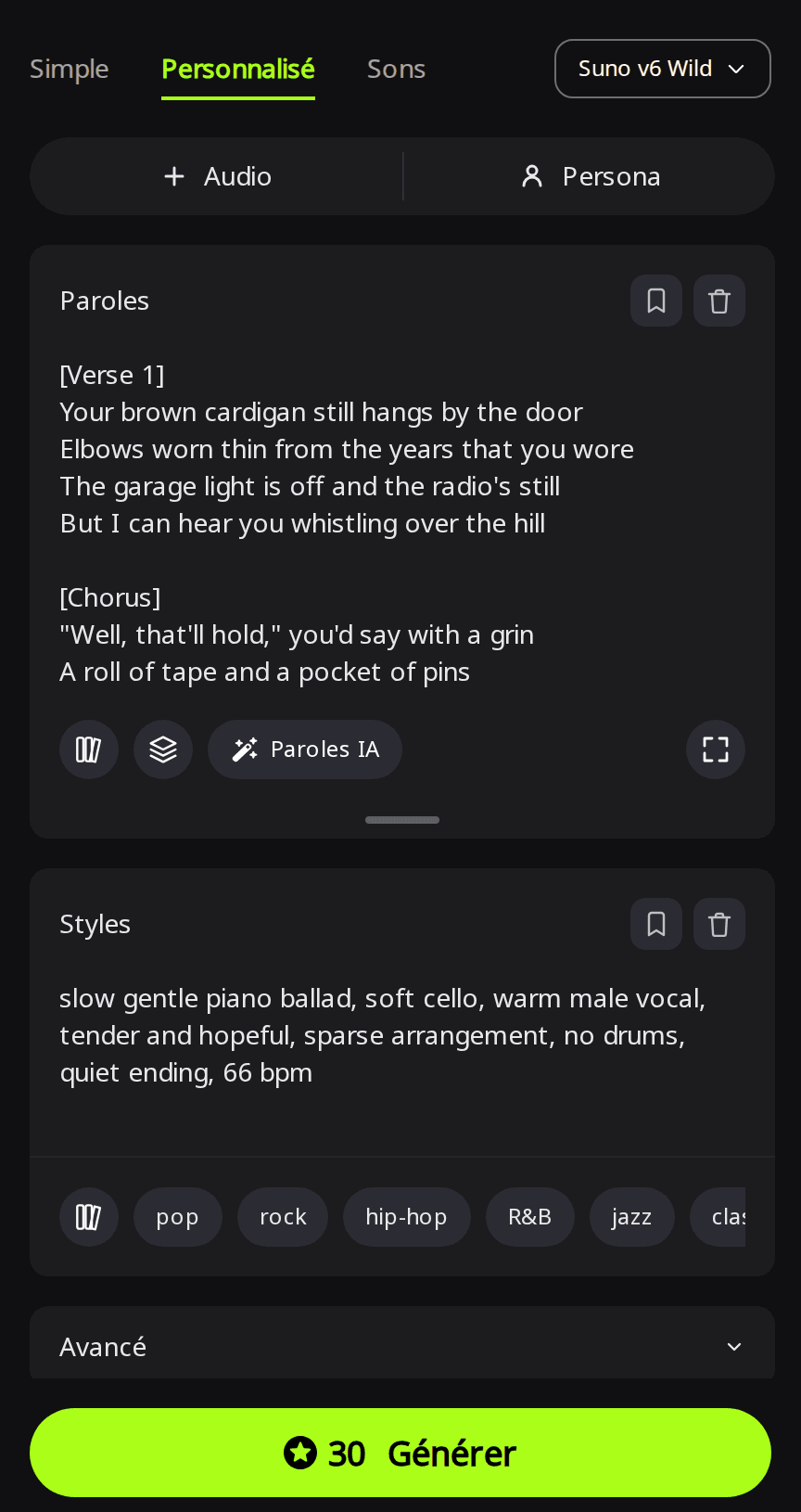 Page Créer de RaoMusic en mode Personnalisé avec Suno v6 Wild sélectionné, le premier couplet et le refrain d'une chanson hommage dans le champ Paroles et une ligne de style de ballade lente au piano dans Styles