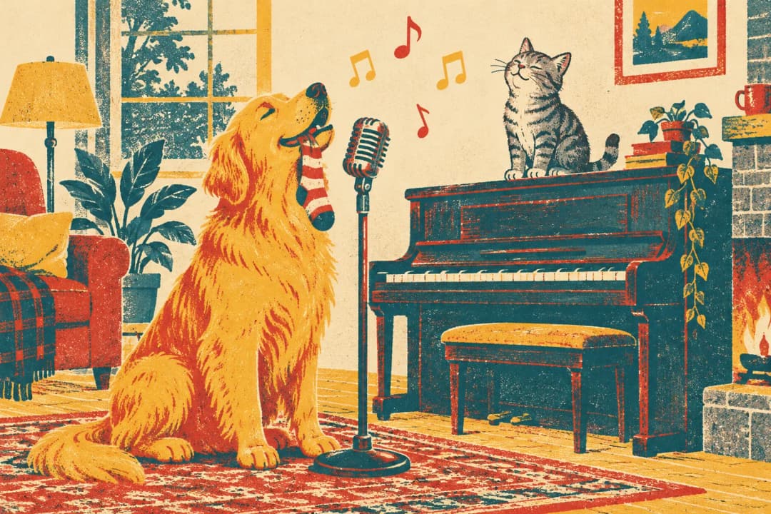 Risograph-style illustration of a golden retriever with a striped sock in its mouth howling into a vintage microphone while a grey tabby cat sits on an upright piano in a cozy living room