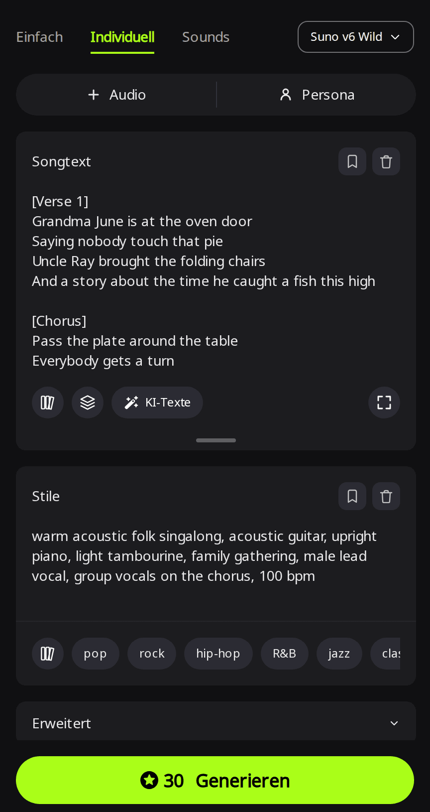 RaoMusic-Seite Erstellen im Modus Individuell mit ausgewähltem Suno v6 Wild, einem Thanksgiving-Songtext mit Grandma June und Uncle Ray im Feld Songtext und einer Stilzeile für ein Akustik-Folk-Mitsinglied im Feld Stile