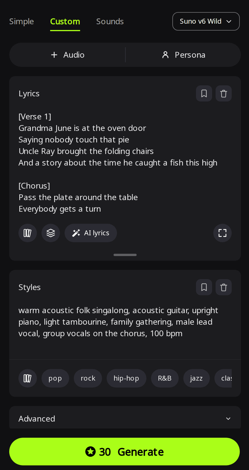 RaoMusic Create page in Custom mode with Suno v6 Wild selected, Thanksgiving lyrics naming Grandma June and Uncle Ray in the Lyrics box, and an acoustic folk singalong style line in the Styles box
