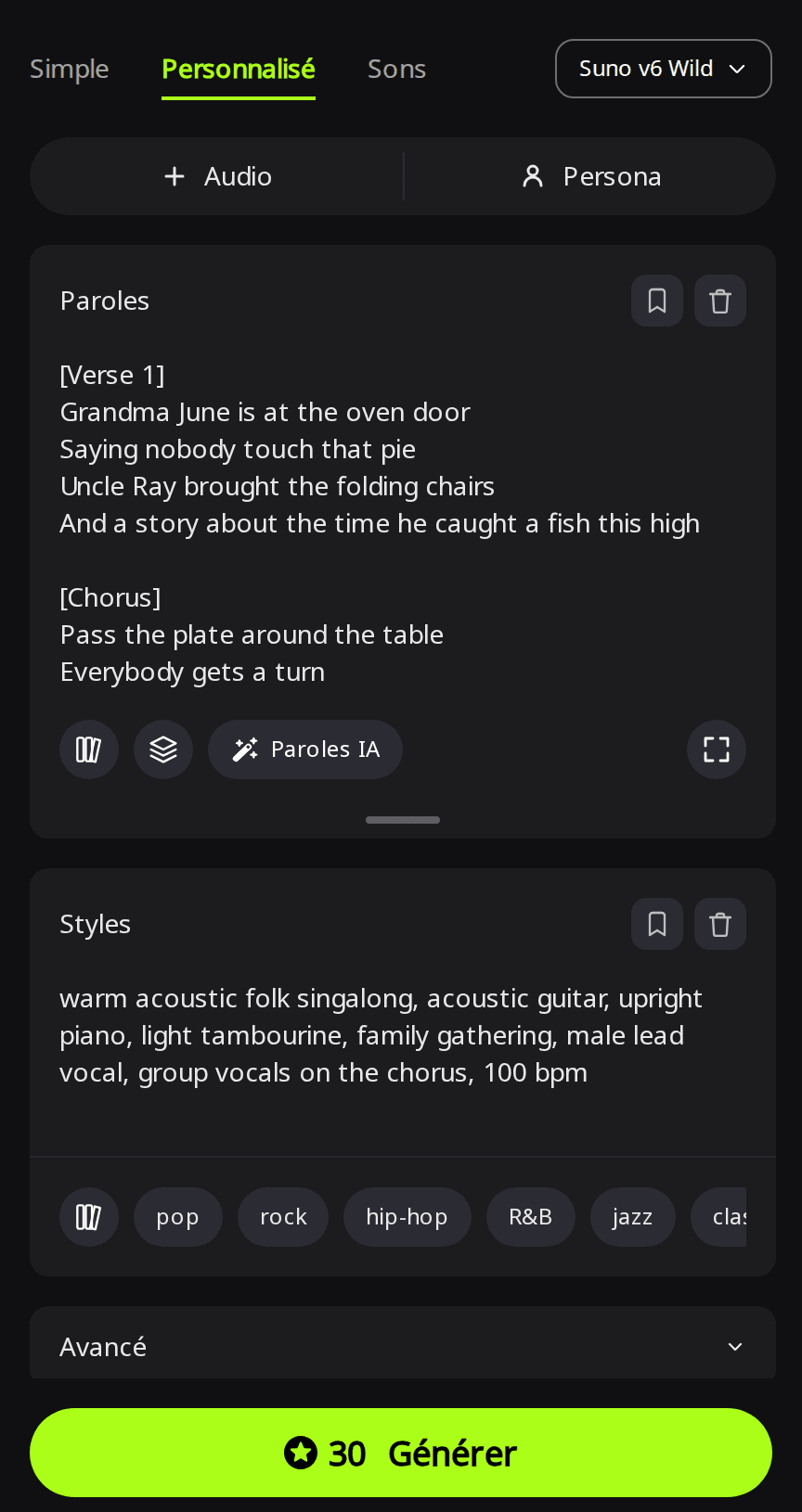 Page Créer de RaoMusic en mode Personnalisé avec Suno v6 Wild sélectionné, des paroles de Thanksgiving citant Grandma June et Uncle Ray dans le champ Paroles et une ligne de style folk acoustique à chanter en chœur dans le champ Styles