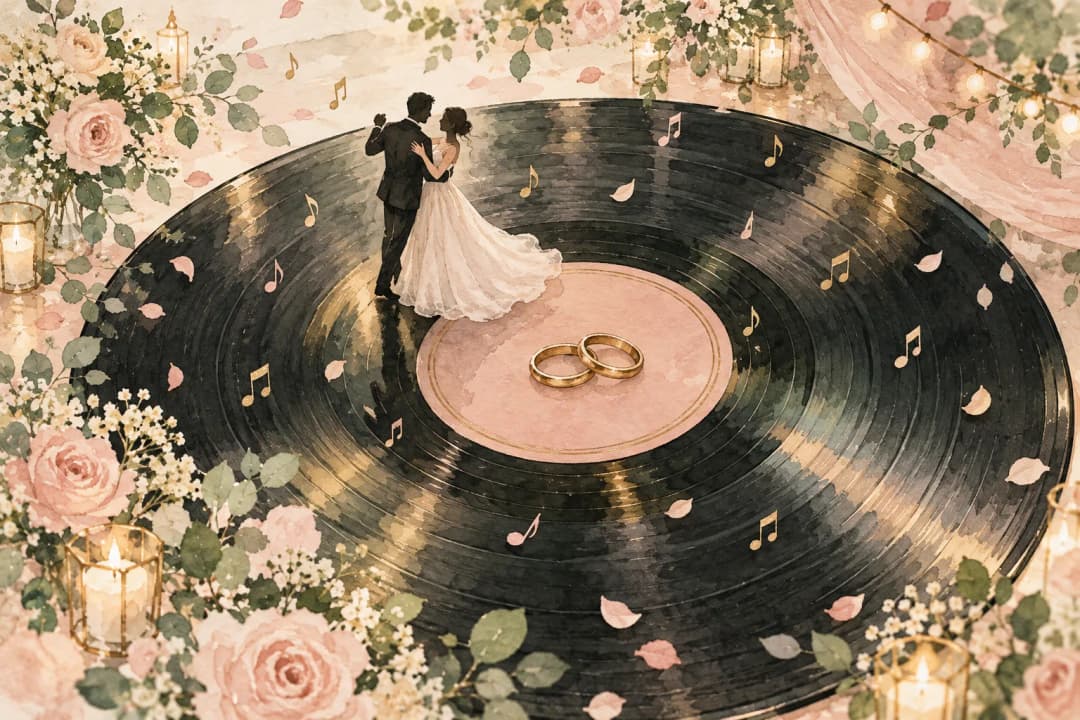 Watercolor illustration of a bride and groom dancing on a giant vinyl record used as a dance floor, with two gold wedding rings on the center label