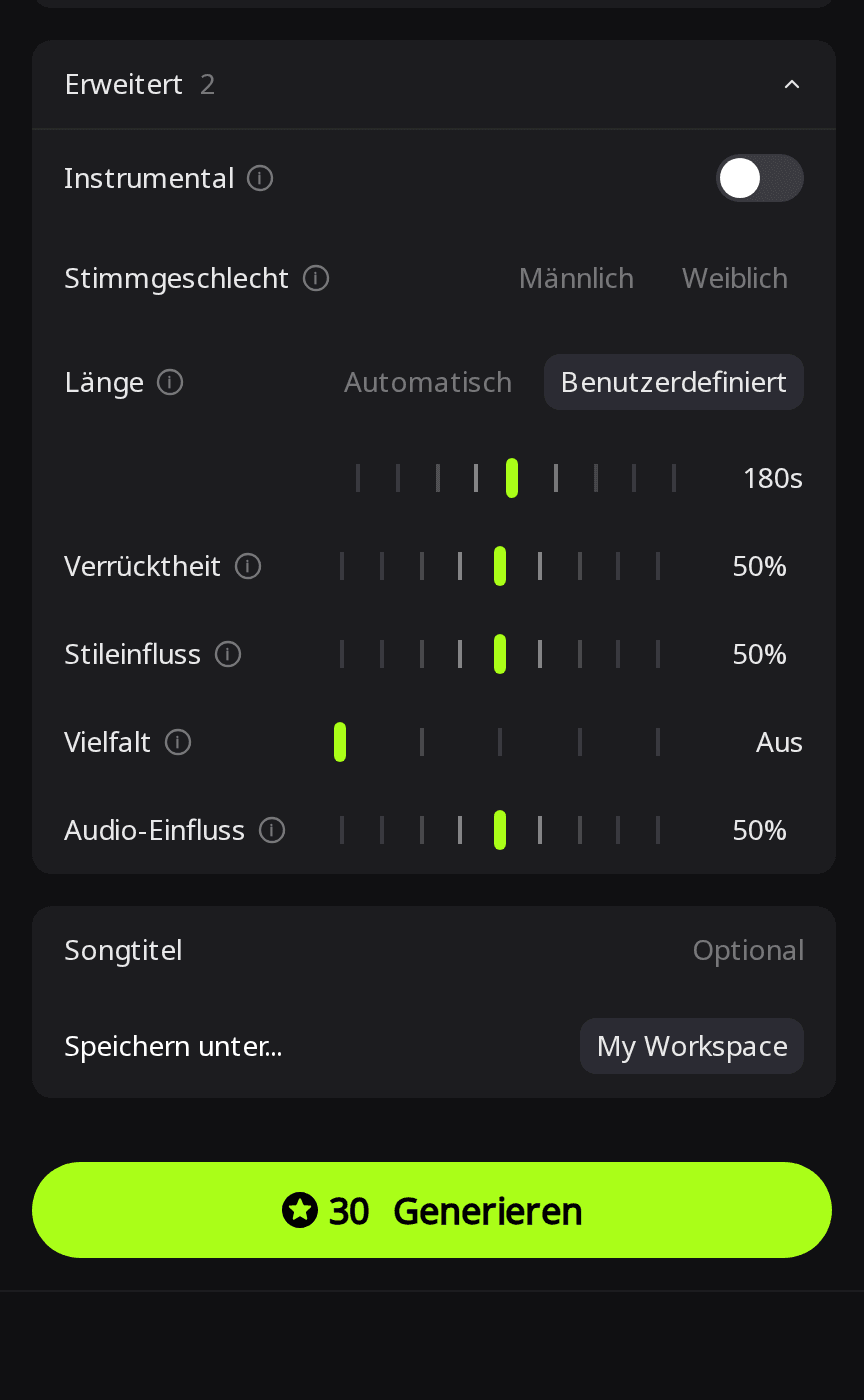 RaoMusic-Bereich Erweitert mit Länge auf Benutzerdefiniert bei 180s, Vielfalt auf Aus und einem Generieren-Button mit 30 Credits