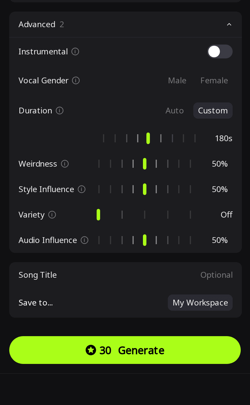 RaoMusic Advanced panel with Duration set to Custom at 180s, Variety set to Off and a Generate button showing 30 credits