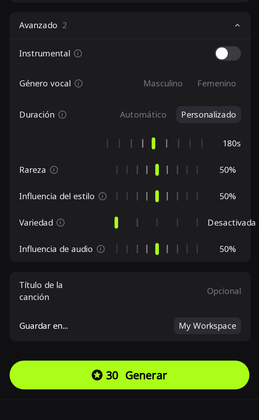 Panel Avanzado de RaoMusic con Duración en Personalizado a 180 s, Variedad en Desactivada y un botón Generar que muestra 30 créditos