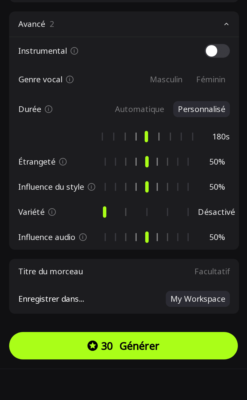 Panneau Avancé de RaoMusic avec Durée réglée sur Personnalisé à 180 s, Variété sur Désactivé et un bouton Générer affichant 30 crédits