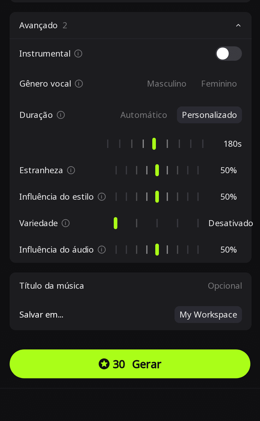 Painel Avançado do RaoMusic com Duração em Personalizado a 180 s, Variedade em Desativado e um botão Gerar mostrando 30 créditos
