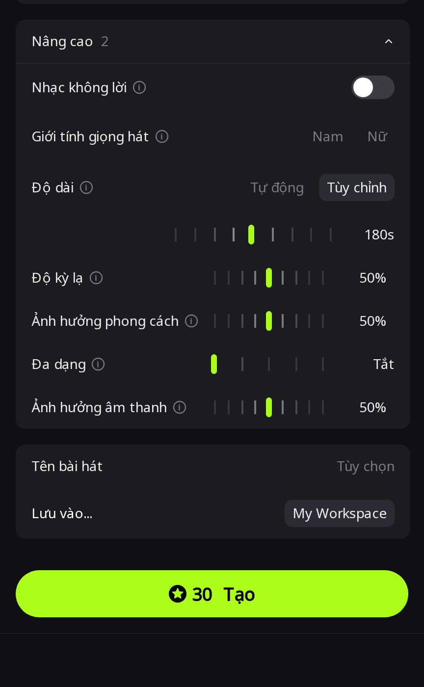 Bảng Nâng cao của RaoMusic với Độ dài đặt ở Tùy chỉnh 180s, Đa dạng ở Tắt và nút Tạo hiển thị 30 điểm