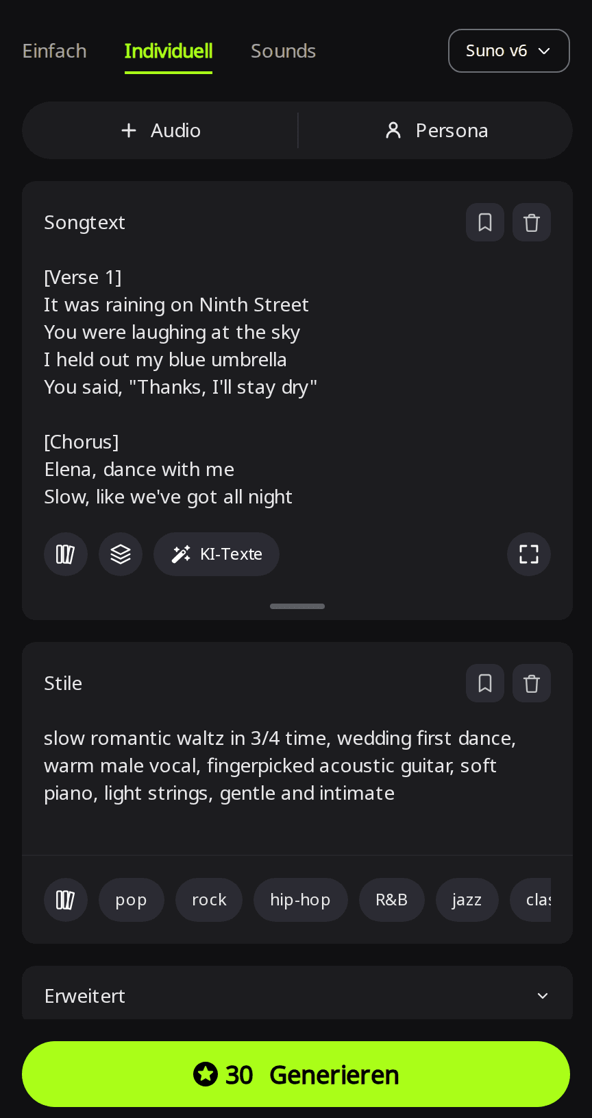 RaoMusic-Seite Erstellen im Modus Individuell mit ausgewähltem Suno v6, einer Strophe und dem Elena-Refrain im Feld Songtext und einer Stilzeile für einen langsamen Walzer im Feld Stile