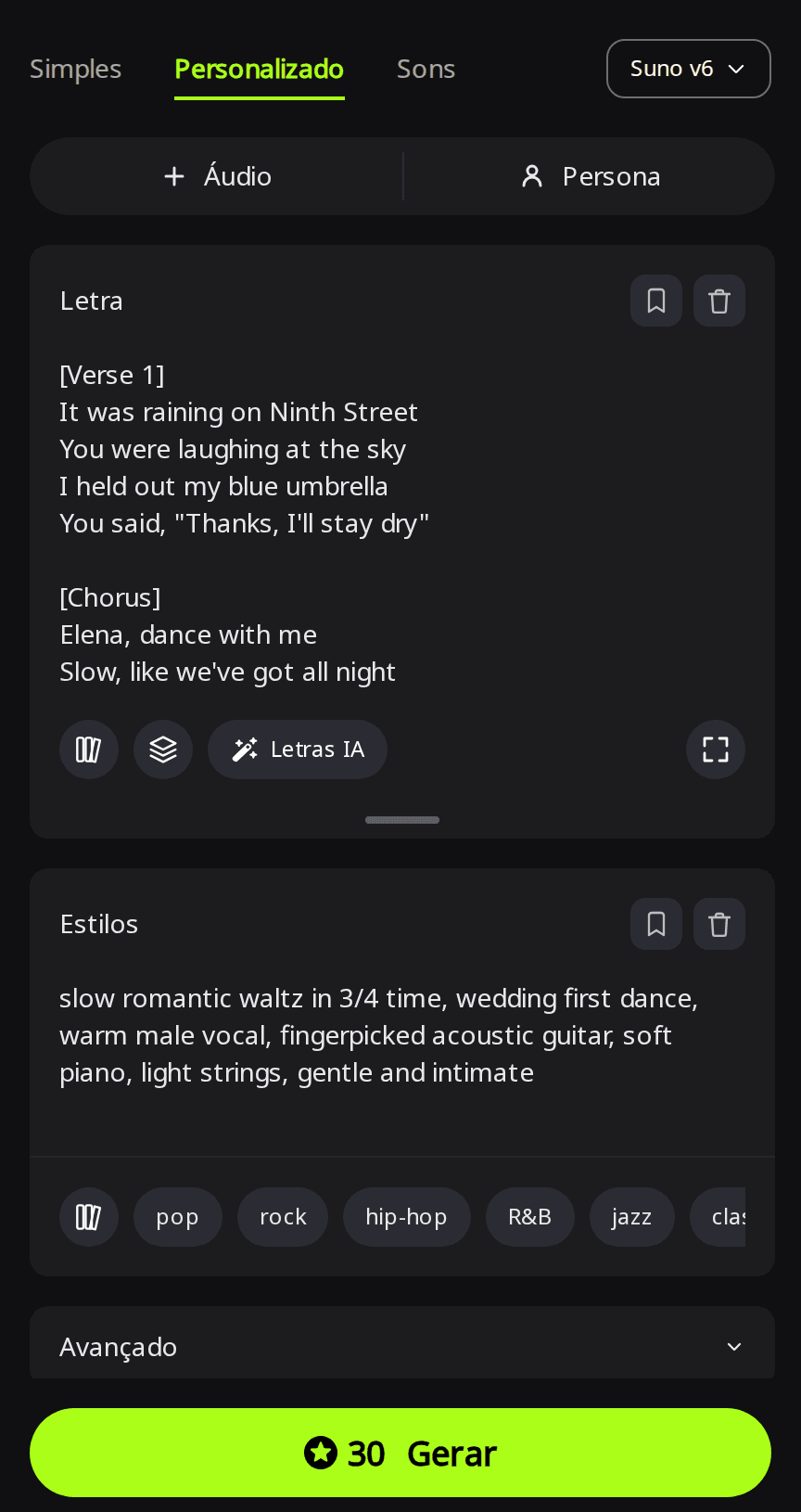 Página Create do RaoMusic no modo Personalizado com o Suno v6 selecionado, uma estrofe da primeira dança e um refrão com Elena no campo Letra e uma linha de estilo de valsa lenta no campo Estilos