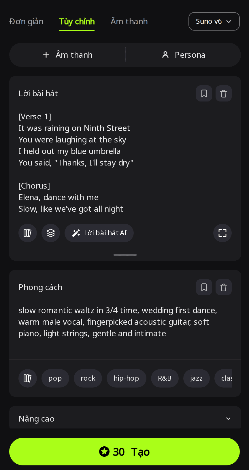 Trang Tạo của RaoMusic ở chế độ Tùy chỉnh với Suno v6 được chọn, ô Lời bài hát có một đoạn lời và điệp khúc Elena, ô Phong cách có dòng mô tả điệu valse chậm