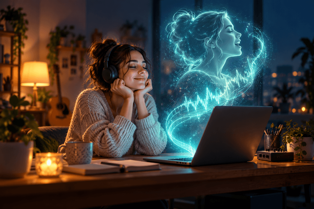 A singer recording at home so AI can sing songs in her voice