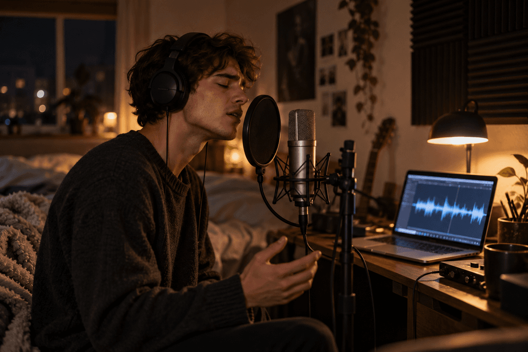 A singer recording vocals at home with a condenser microphone and a laptop showing the waveform