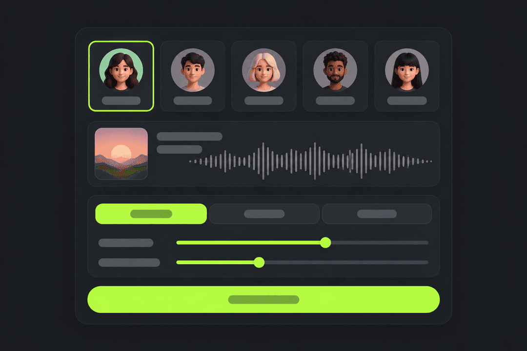 Illustration of an AI cover generator with voice choices, a source song and pitch and strength settings