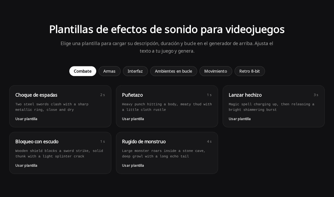 Sección de plantillas de efectos de sonido para videojuegos con pestañas Combate, Armas, Interfaz, Ambientes en bucle, Movimiento y Retro 8-bit, y tarjetas como Choque de espadas y Rugido de monstruo