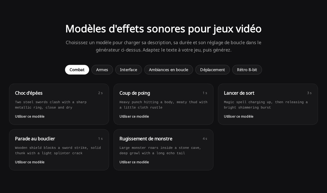 Section des modèles d'effets sonores pour jeux vidéo avec les onglets Combat, Armes, Interface, Ambiances en boucle, Déplacement et Rétro 8-bit, et des cartes comme Choc d'épées et Rugissement de monstre