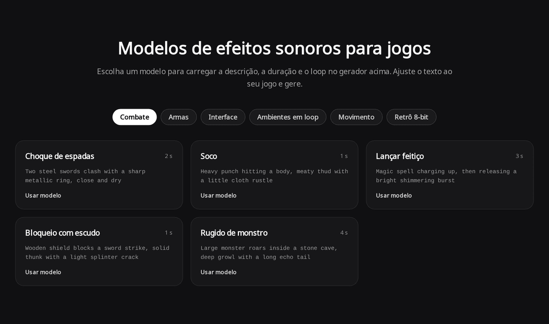 Seção de modelos de efeitos sonoros para jogos com abas Combate, Armas, Interface, Ambientes em loop, Movimento e Retrô 8-bit, e cartões como Choque de espadas e Rugido de monstro