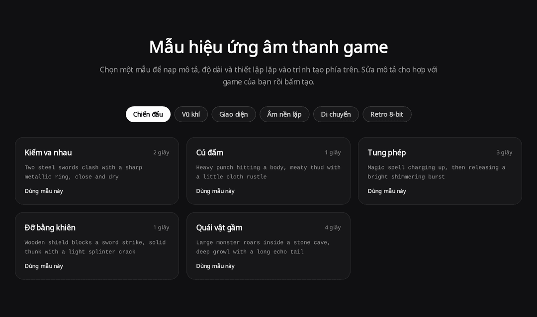 Khu vực mẫu hiệu ứng âm thanh game với các tab Chiến đấu, Vũ khí, Giao diện, Âm nền lặp, Di chuyển, Retro 8-bit và các thẻ như Kiếm va nhau, Quái vật gầm