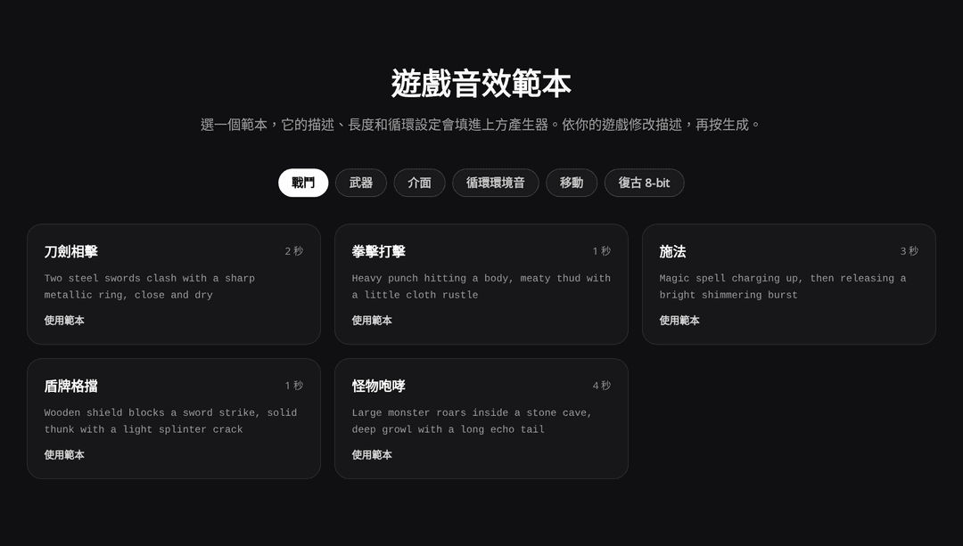 遊戲音效範本區:戰鬥、武器、介面、循環環境音、移動、復古 8-bit 六個分組標籤,以及刀劍相擊、怪物咆哮等範本卡片