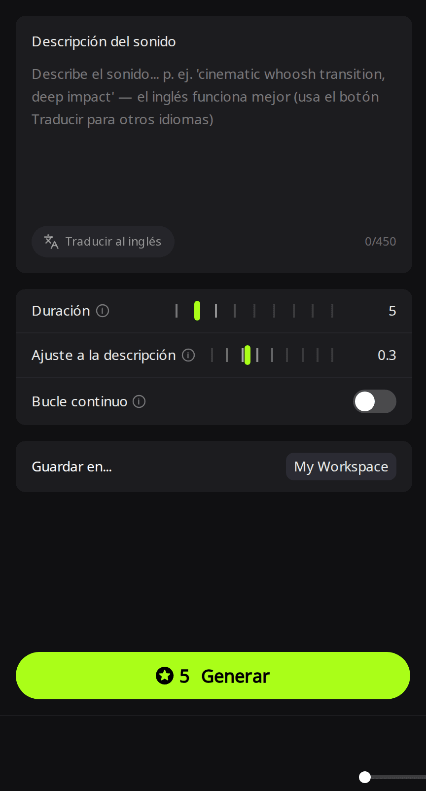 Pestaña Sonidos de RaoMusic con el cuadro Descripción del sonido, Duración en 5, Ajuste a la descripción en 0.3, el interruptor Bucle continuo y un botón verde Generar que muestra 5 créditos