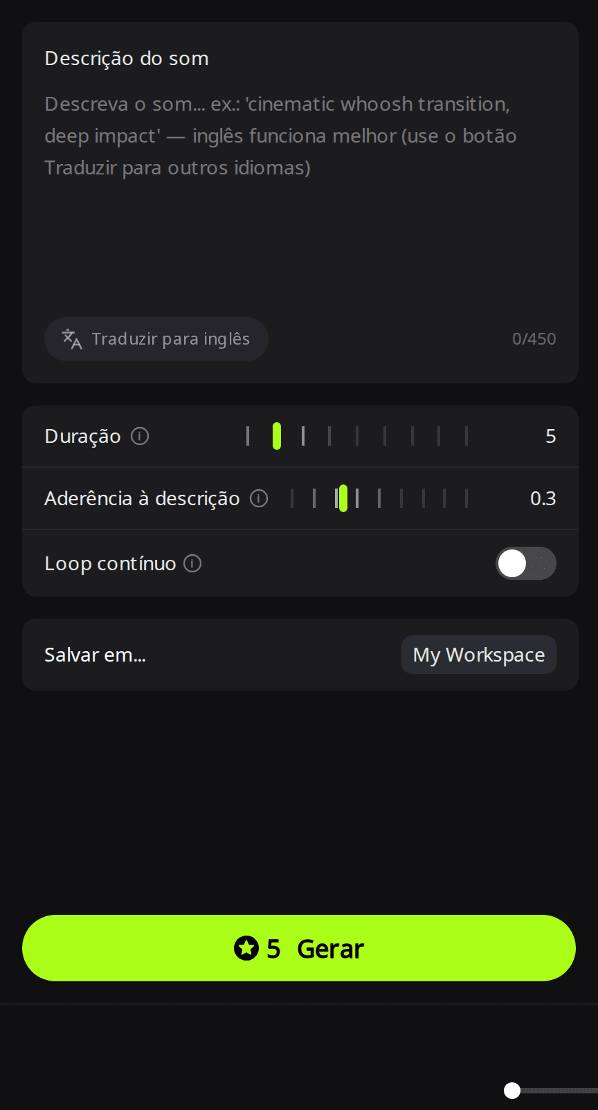 Aba Sons do RaoMusic com o campo Descrição do som, Duração em 5, Aderência à descrição em 0.3, a chave Loop contínuo e um botão verde Gerar mostrando 5 créditos