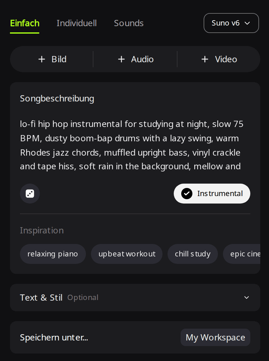 RaoMusic-Seite Erstellen im Tab Einfach mit ausgewähltem Suno v6, einem Lofi-Prompt im Feld Songbeschreibung und eingeschaltetem Instrumental-Button
