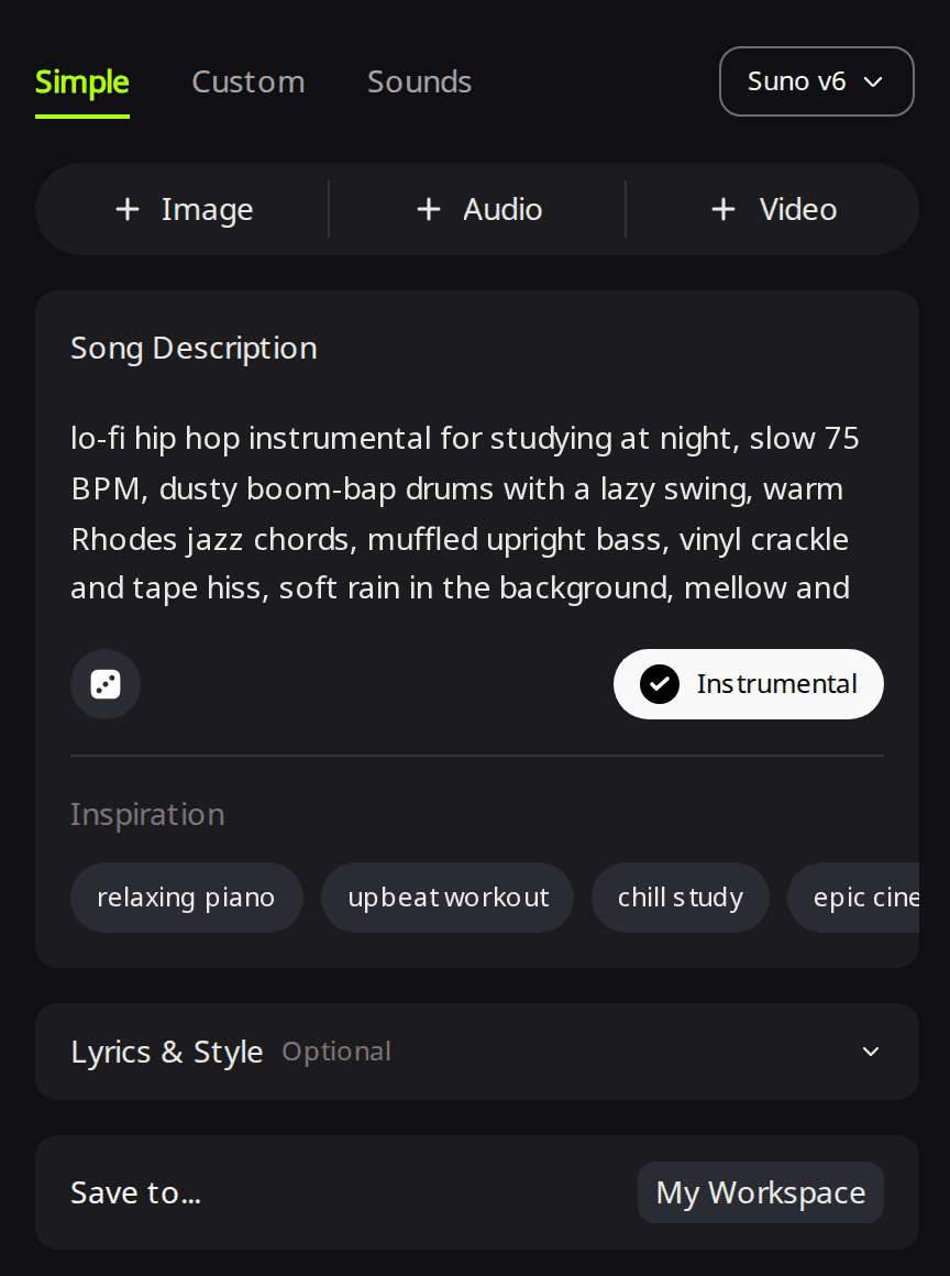 RaoMusic Create page on the Simple tab with Suno v6 selected, a lofi prompt in the Song Description box and the Instrumental button switched on