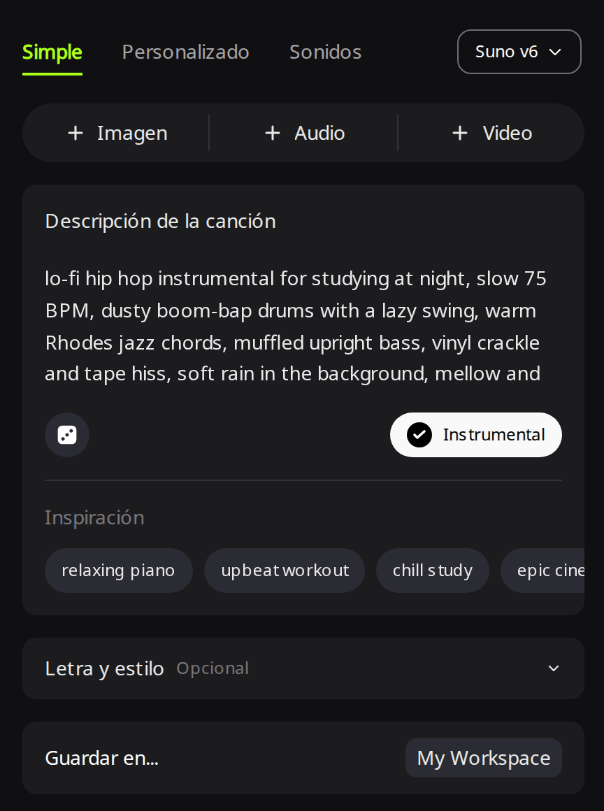 Página Crear de RaoMusic en la pestaña Simple con Suno v6 seleccionado, un prompt lofi en el cuadro Descripción de la canción y el botón Instrumental activado