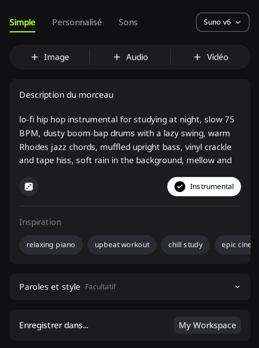 Page Créer de RaoMusic sur l'onglet Simple avec Suno v6 sélectionné, un prompt lofi dans le champ Description du morceau et le bouton Instrumental activé