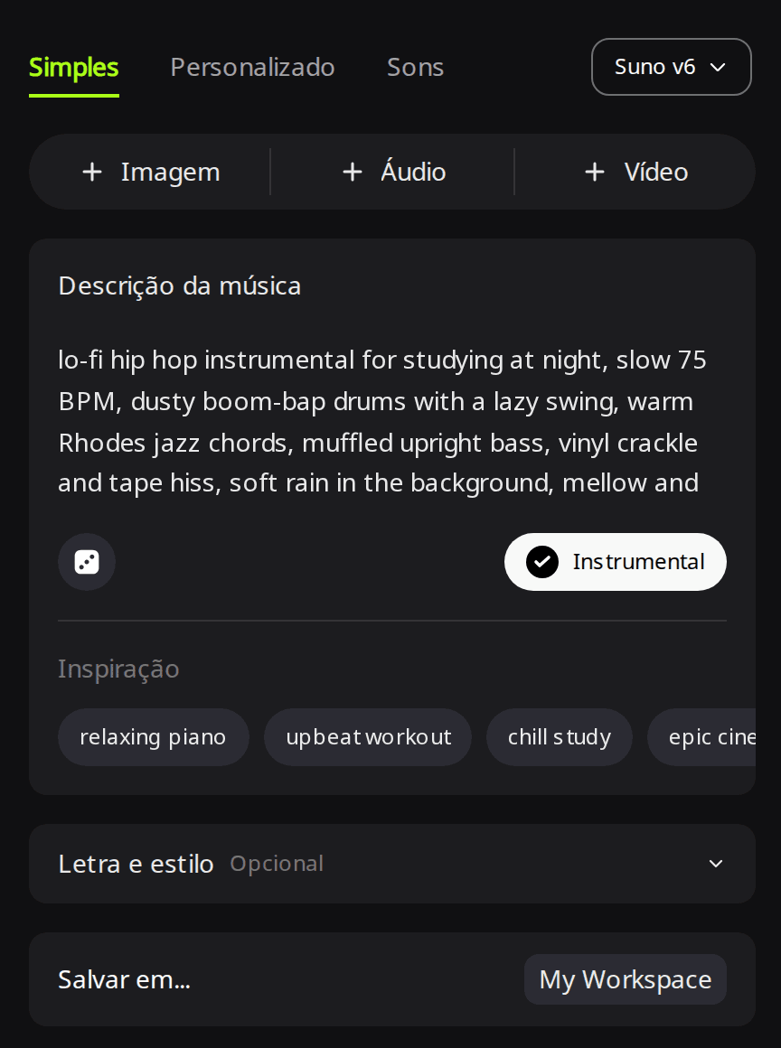 Página Criar do RaoMusic na aba Simples com o Suno v6 selecionado, um prompt lofi no campo Descrição da música e o botão Instrumental ativado