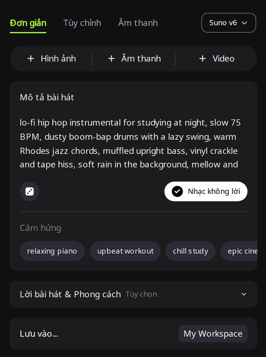 Trang Tạo mới của RaoMusic ở tab Đơn giản, đã chọn Suno v6, prompt lofi trong ô Mô tả bài hát và nút Nhạc không lời đang bật