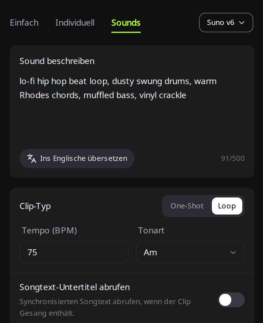 RaoMusic-Tab Sounds mit einer Lofi-Loop-Beschreibung, Clip-Typ auf Loop, Tempo 75 und Tonart Am
