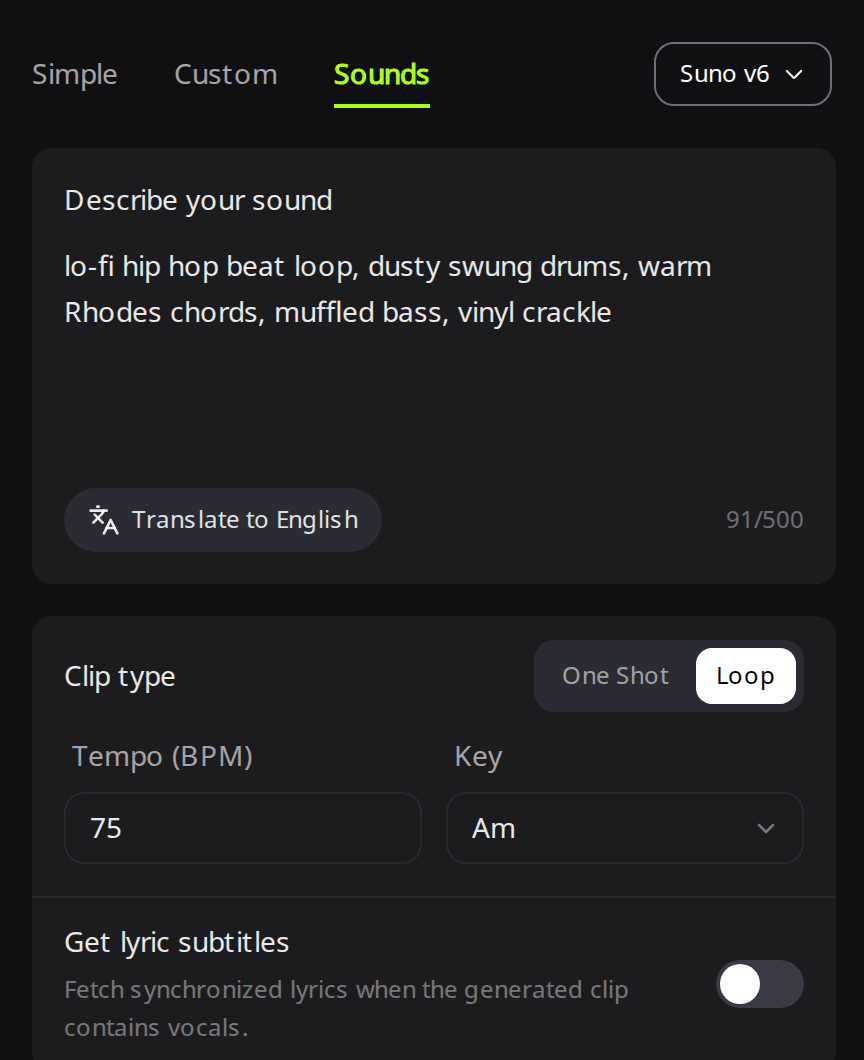 RaoMusic Sounds tab with a lofi loop description, Clip type set to Loop, Tempo 75 and Key Am