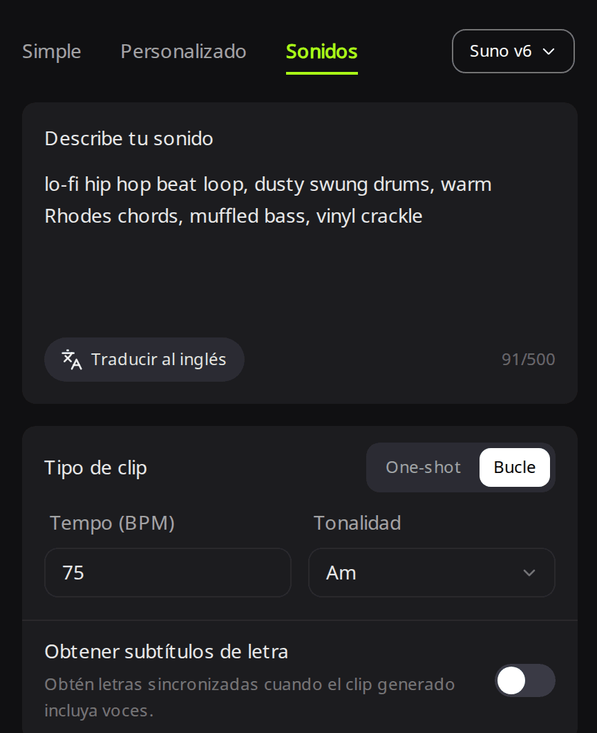 Pestaña Sonidos de RaoMusic con una descripción de bucle lofi, Tipo de clip en Bucle, Tempo 75 y Tonalidad Am